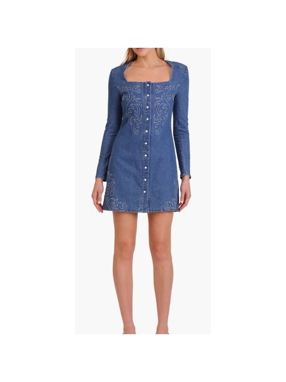 Avec Les Filles Western Embroidery Long Sleeve Denim Mini Dress